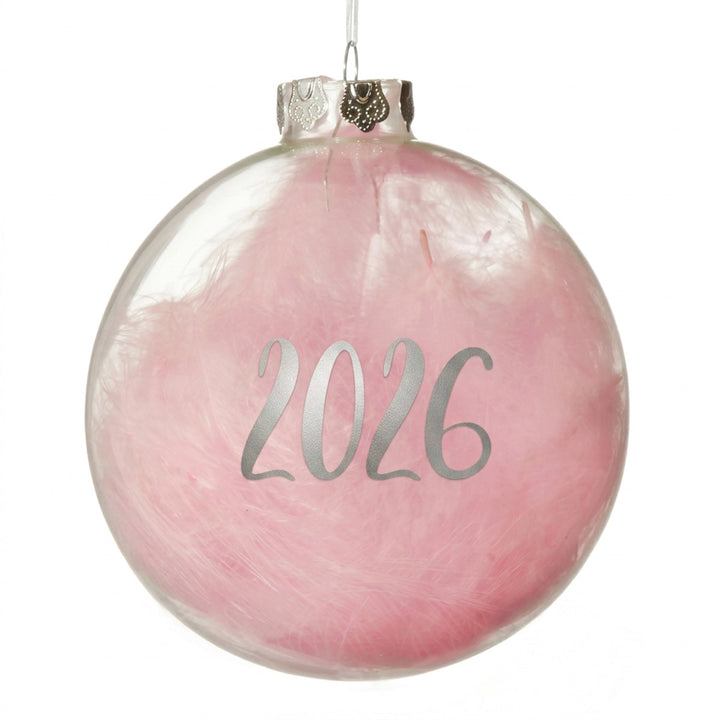 Personalised Pink Feather Clear Glass Christmas Bauble