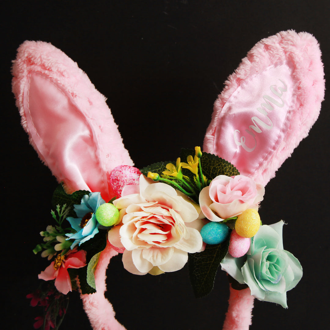 Personalised Easter Hunt Pink Floral Bunny Ears Easter Headband and Bucket Pack