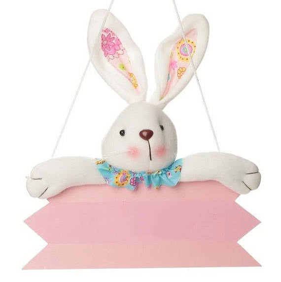Pink Easter Plaque with Plush Bunny