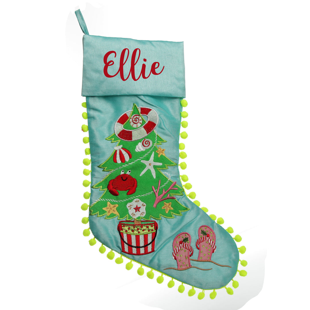 Personalised Pom Pom Beach Tree Christmas Stocking