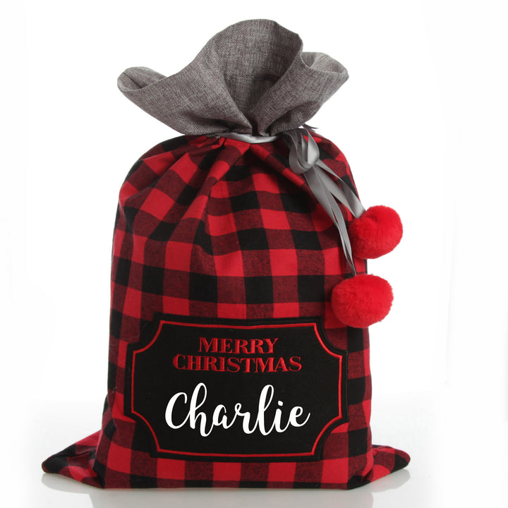 Personalised Red and Black Buffalo Check Christmas Santa Sack