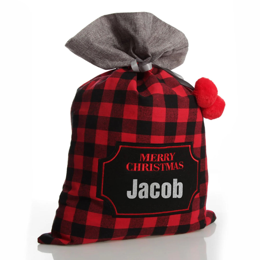Personalised Red and Black Buffalo Check Christmas Santa Sack