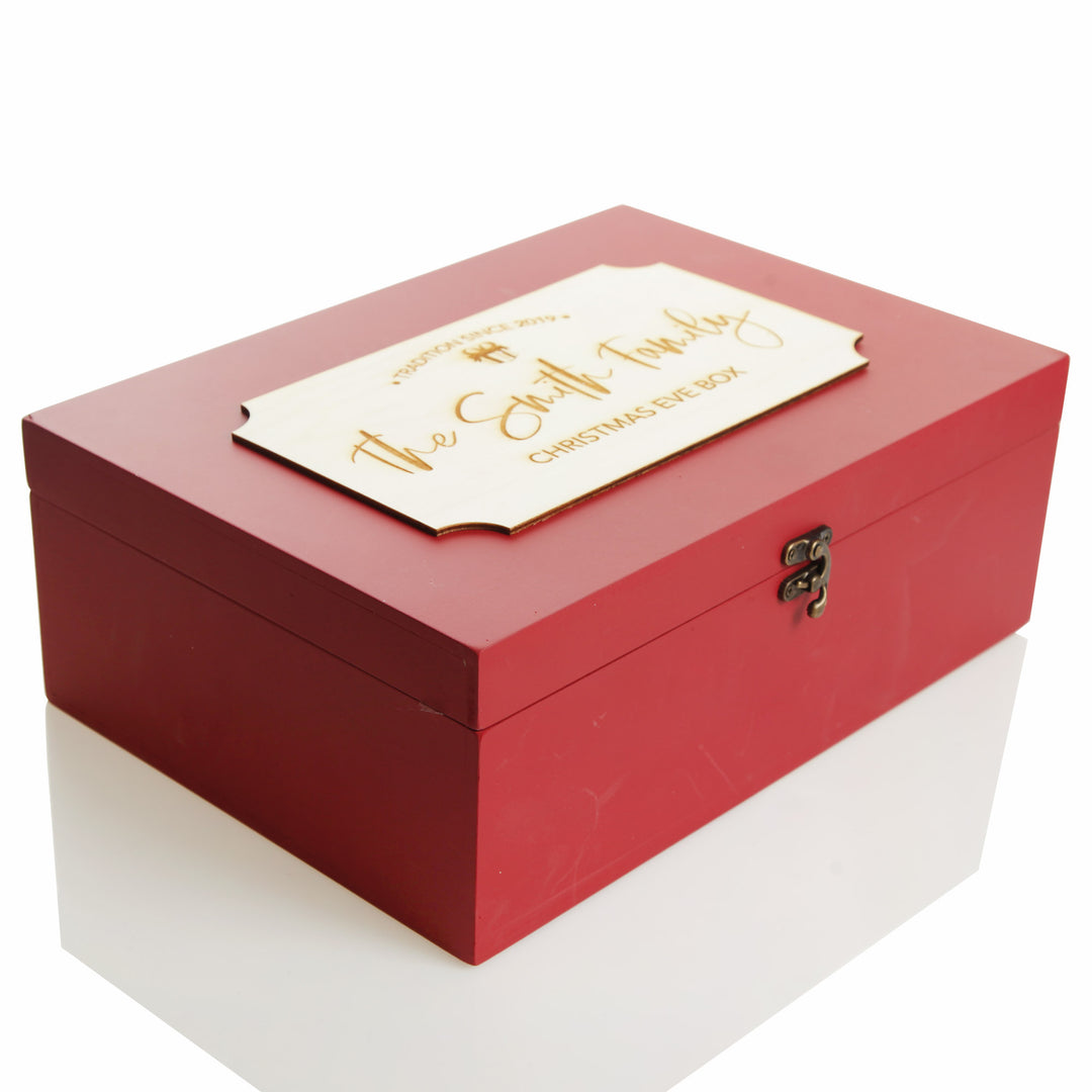 Personalised Wooden Christmas Eve Box with Family Est. Plaque