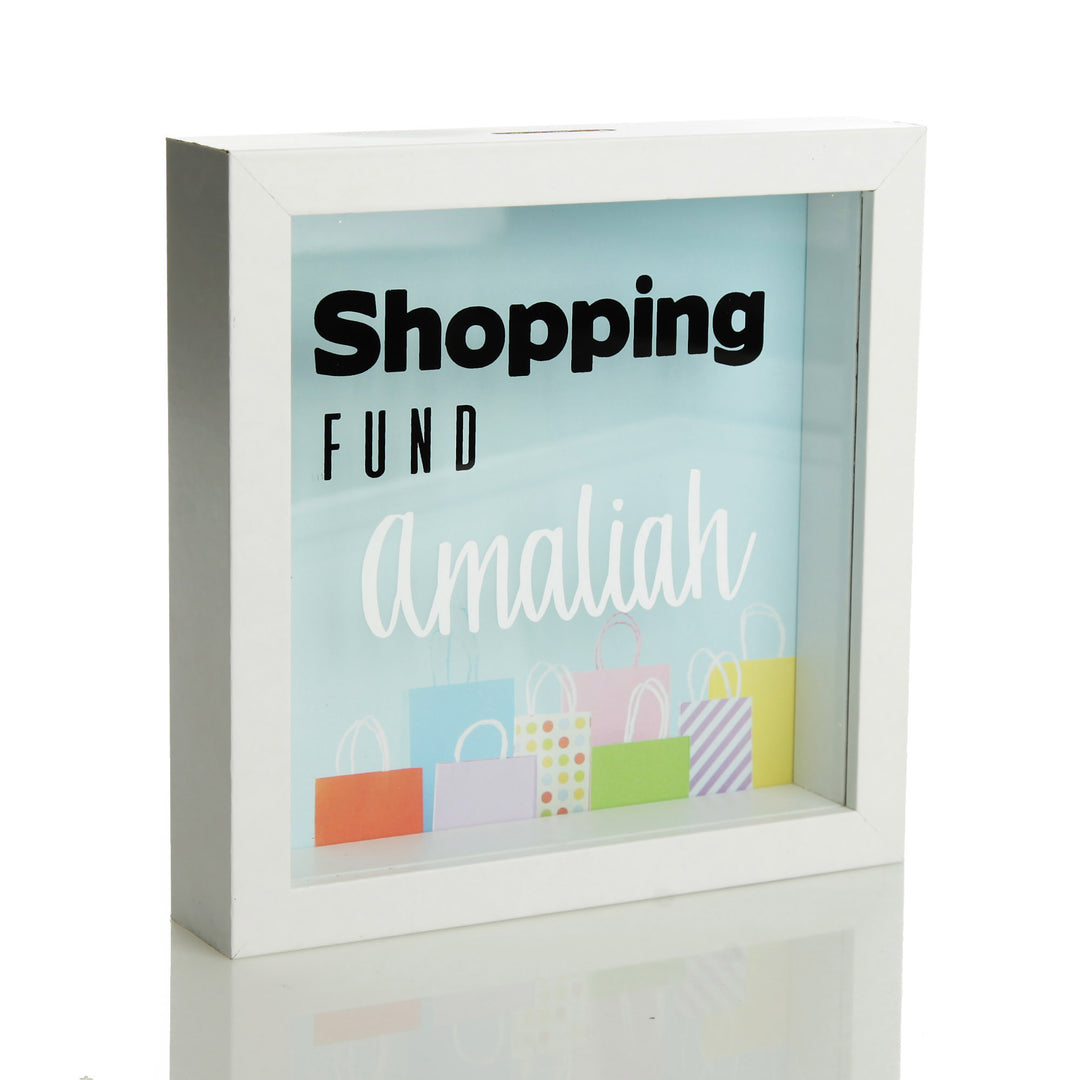 Personalised Shopping Fund Money Box - White