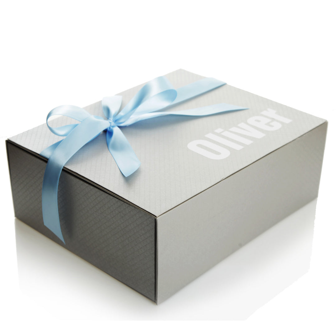 Personalised Silver Gift Box with Baby Blue Ribbon