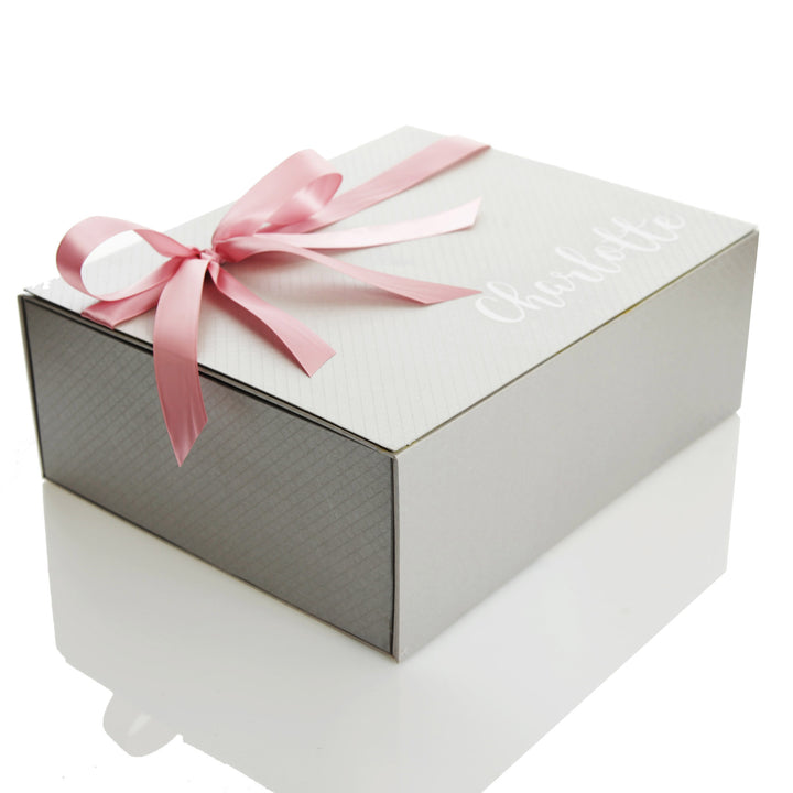 Personalised Silver Gift Box with Baby Pink Ribbon