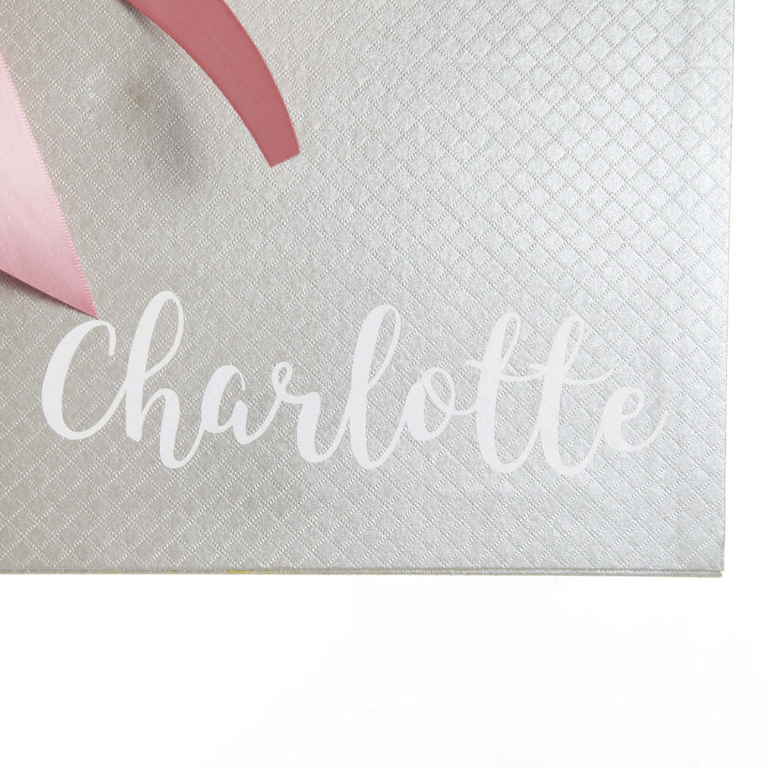 Personalised Silver Gift Box with Baby Pink Ribbon
