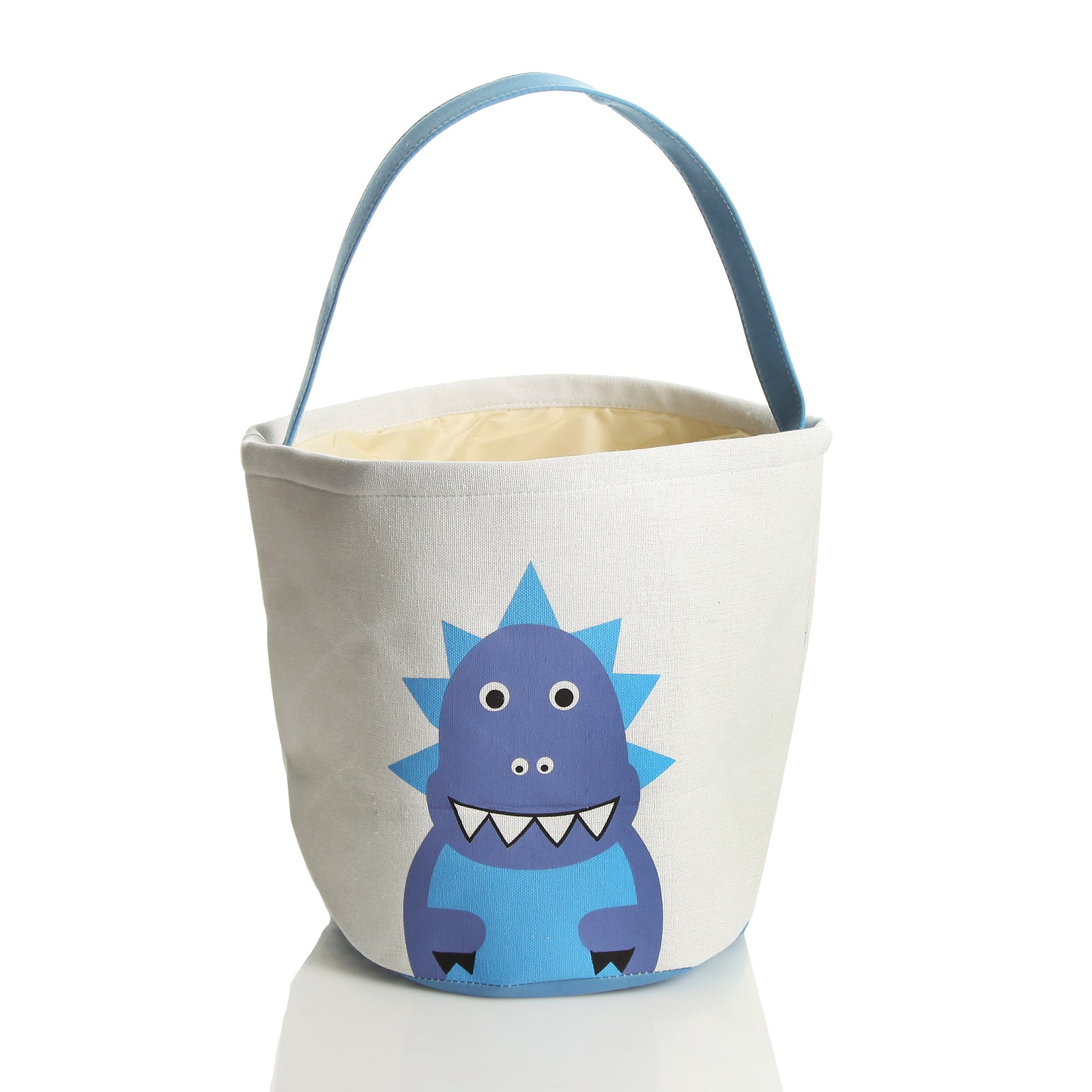 Personalised White Canvas Bucket Bag with Blue Dinosaur