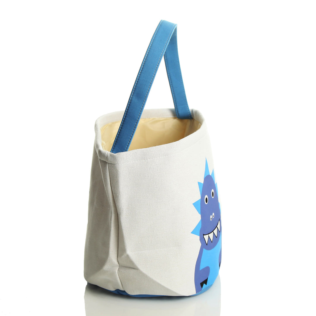Personalised White Canvas Bucket Bag with Blue Dinosaur