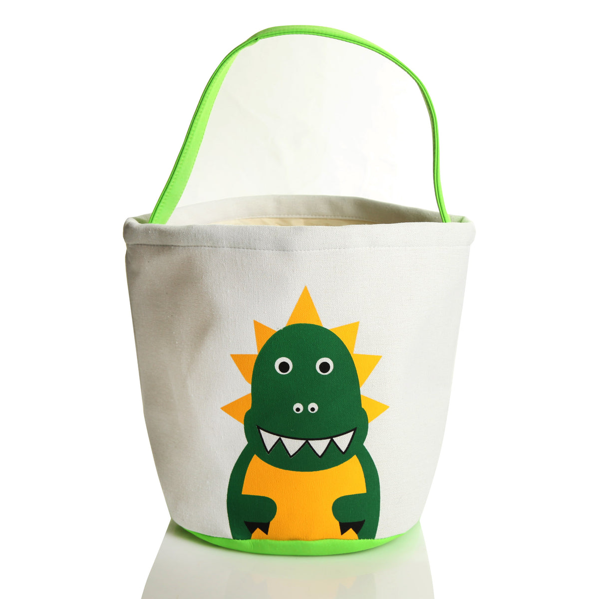 Personalised White Canvas Bucket Bag with Green Dinosaur