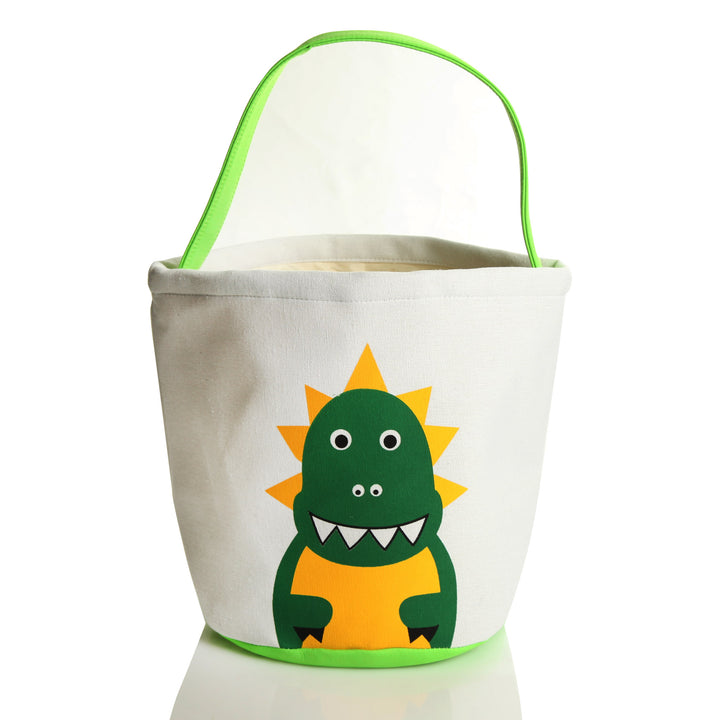 Personalised White Canvas Bucket Bag with Green Dinosaur