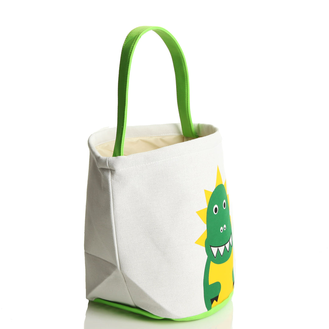Personalised White Canvas Bucket Bag with Green Dinosaur