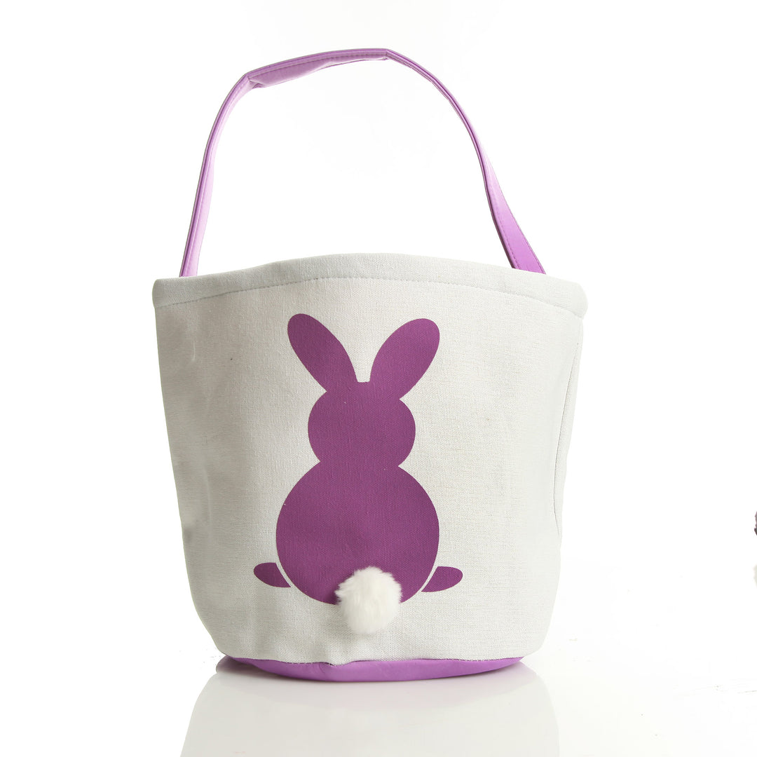 Personalised White Canvas Easter Bucket Bag with Purple Printed Bunny and Fluffy Tail