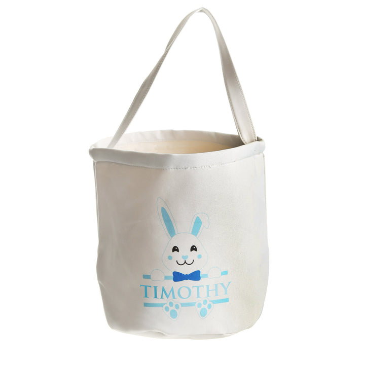 Personalised White Canvas Easter Bucket Bag with Blue Bunny