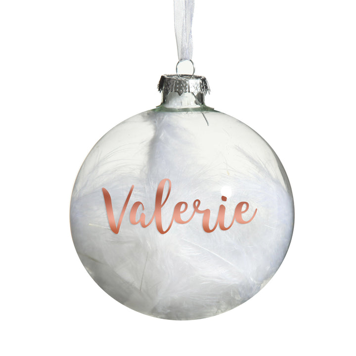 Personalised White Feather Clear Glass Christmas Bauble