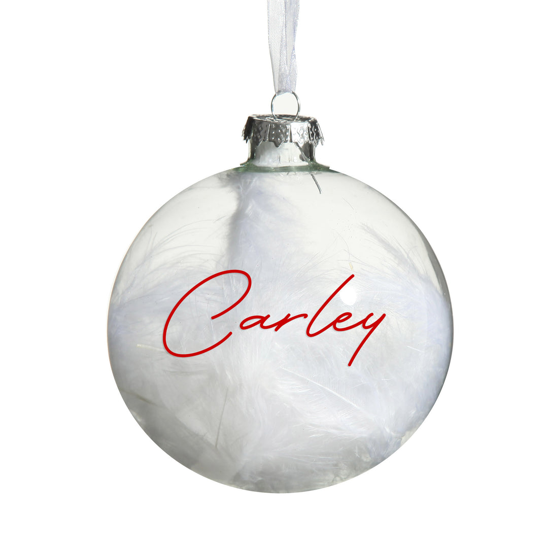 Personalised White Feather Clear Glass Christmas Bauble