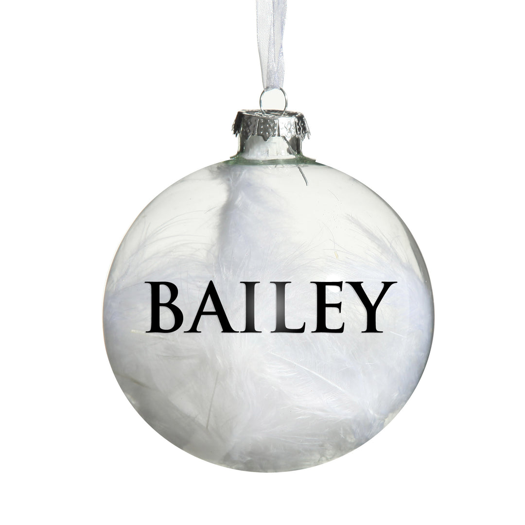 Personalised White Feather Clear Glass Christmas Bauble
