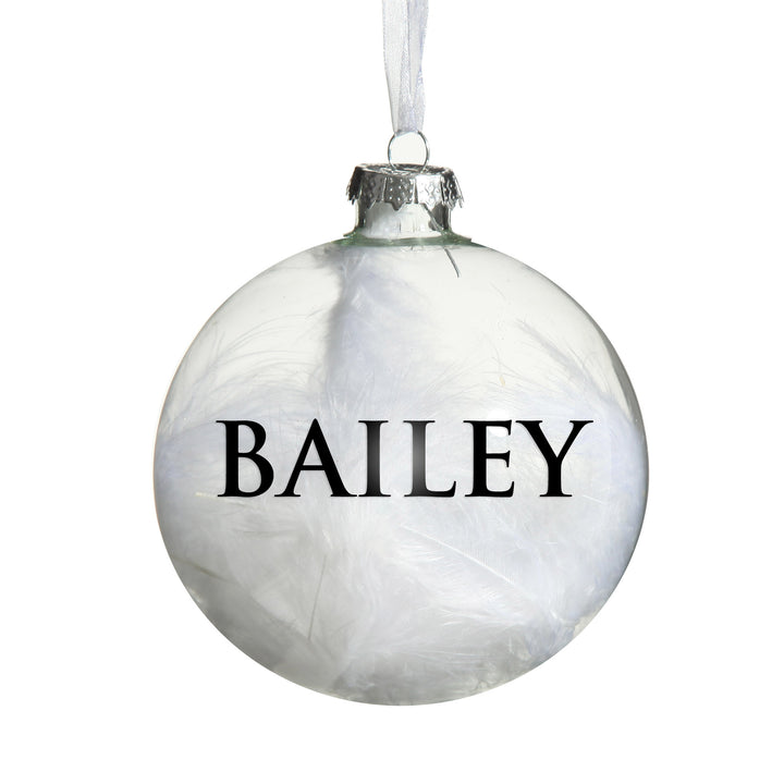 Personalised White Feather Clear Glass Christmas Bauble