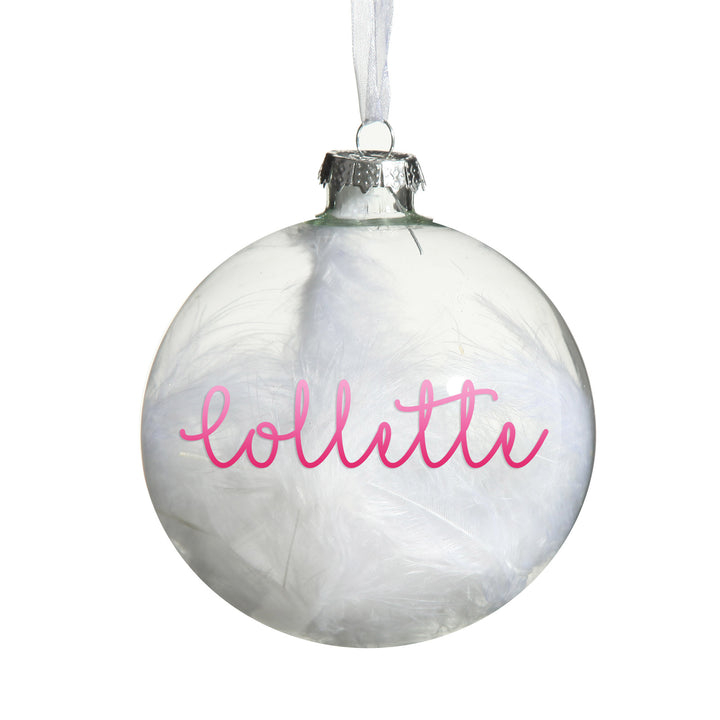 Personalised White Feather Clear Glass Christmas Bauble