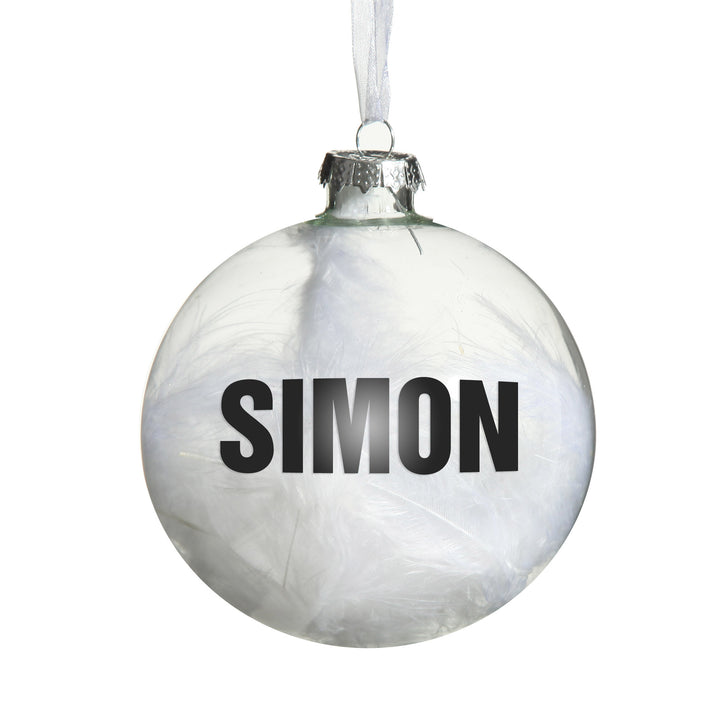 Personalised White Feather Clear Glass Christmas Bauble