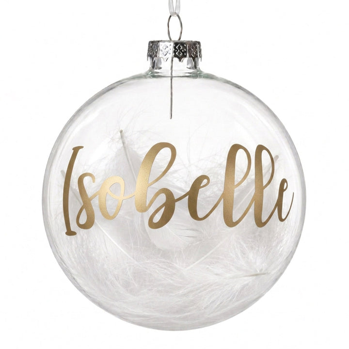 Personalised White Feather Clear Glass Christmas Bauble
