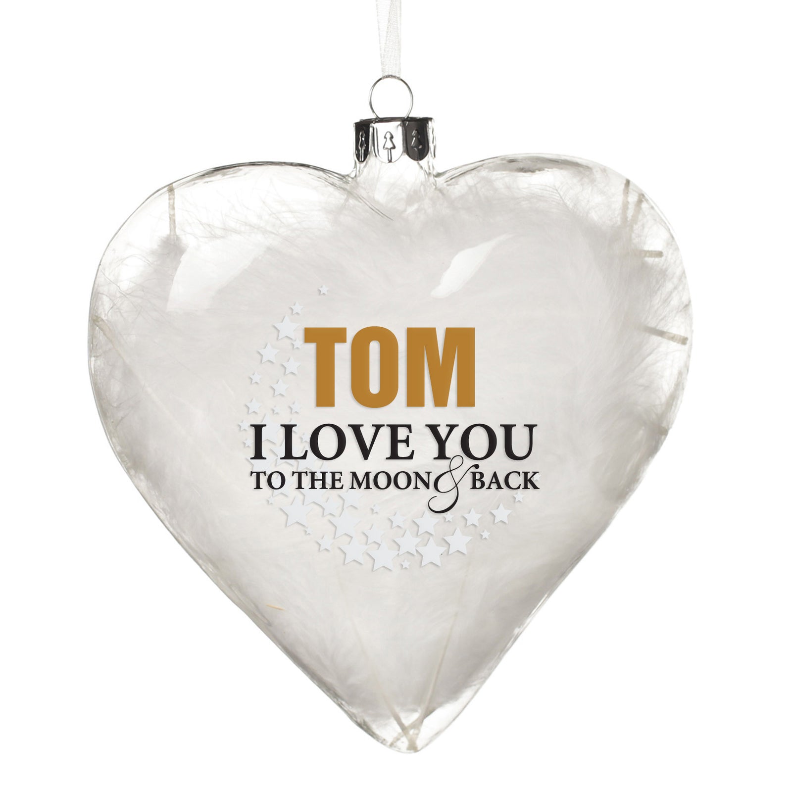 Personalised White Feather Glass Heart - Love you to the Moon