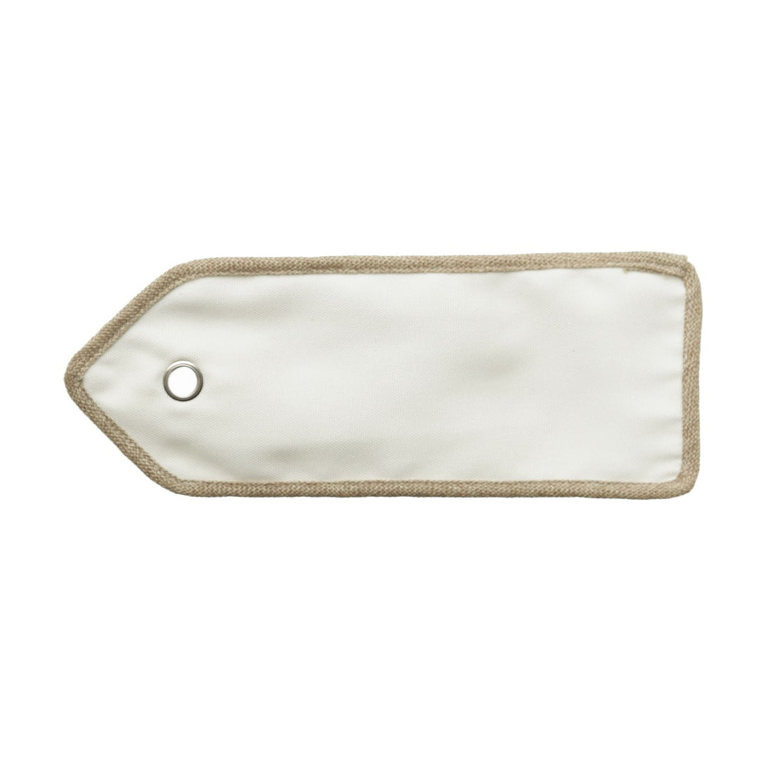 Personalised White Linen Santa Sack Tag with Burlap Piping - back detail