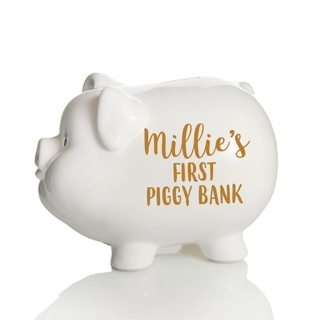 Personalised White Piggy Bank - Style 1 in Gold