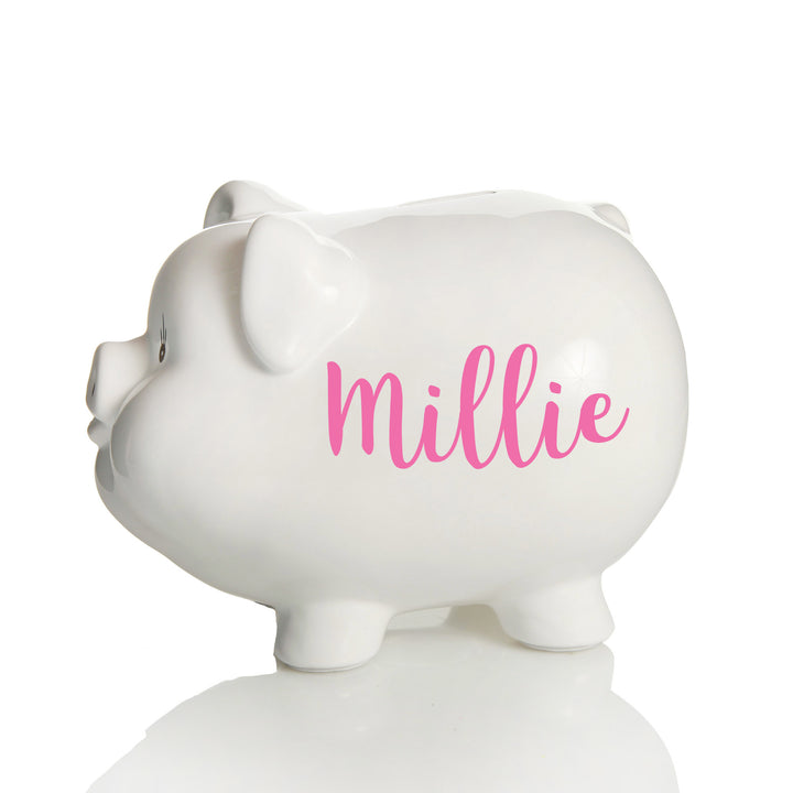 Personalised White Piggy Bank - Style 1 in Pastel Pink