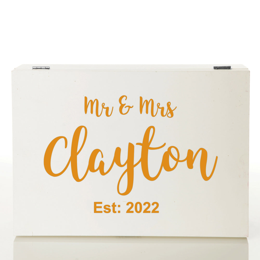 Personalised White Timber Wedding Keepsake Box - Style 2 in Gold