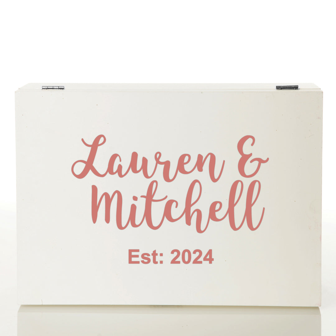 Personalised White Timber Wedding Keepsake Box - Style 2 in Rose Gold