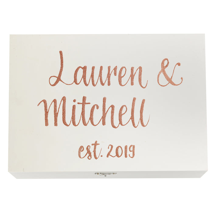 Personalised White Timber Wedding Keepsake Box - Style 7 in Rose Gold