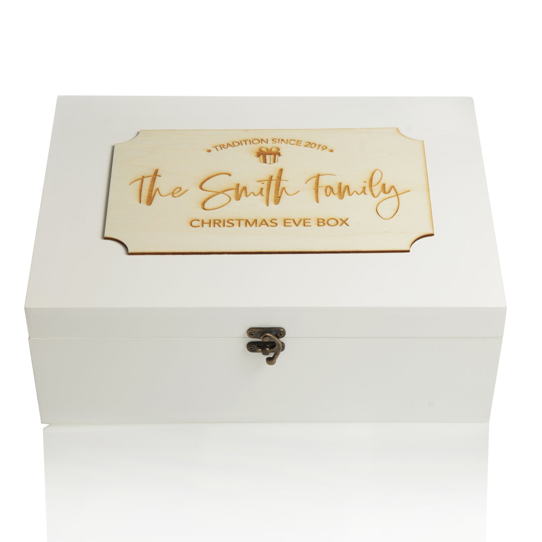 Personalised Wooden Christmas Eve Box with Family Est. Plaque