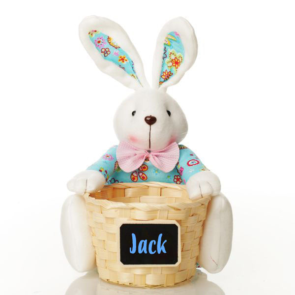 Personalised Woven Easter Basket with Blue Plush Bright Bunny
