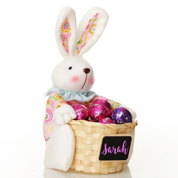 Personalised Woven Easter Basket with Pink Plush Bright Bunny