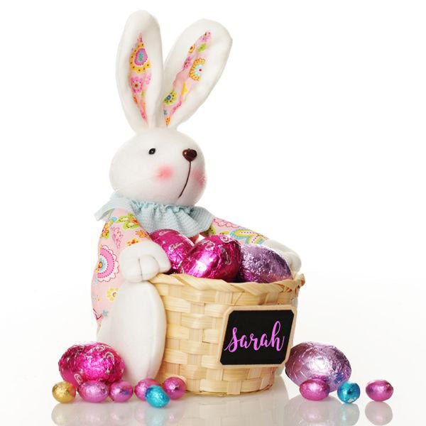 Personalised Woven Easter Basket with Pink Plush Bright Bunny