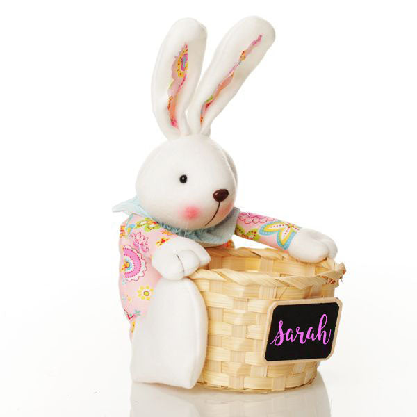 Personalised Woven Easter Basket with Pink Plush Bright Bunny