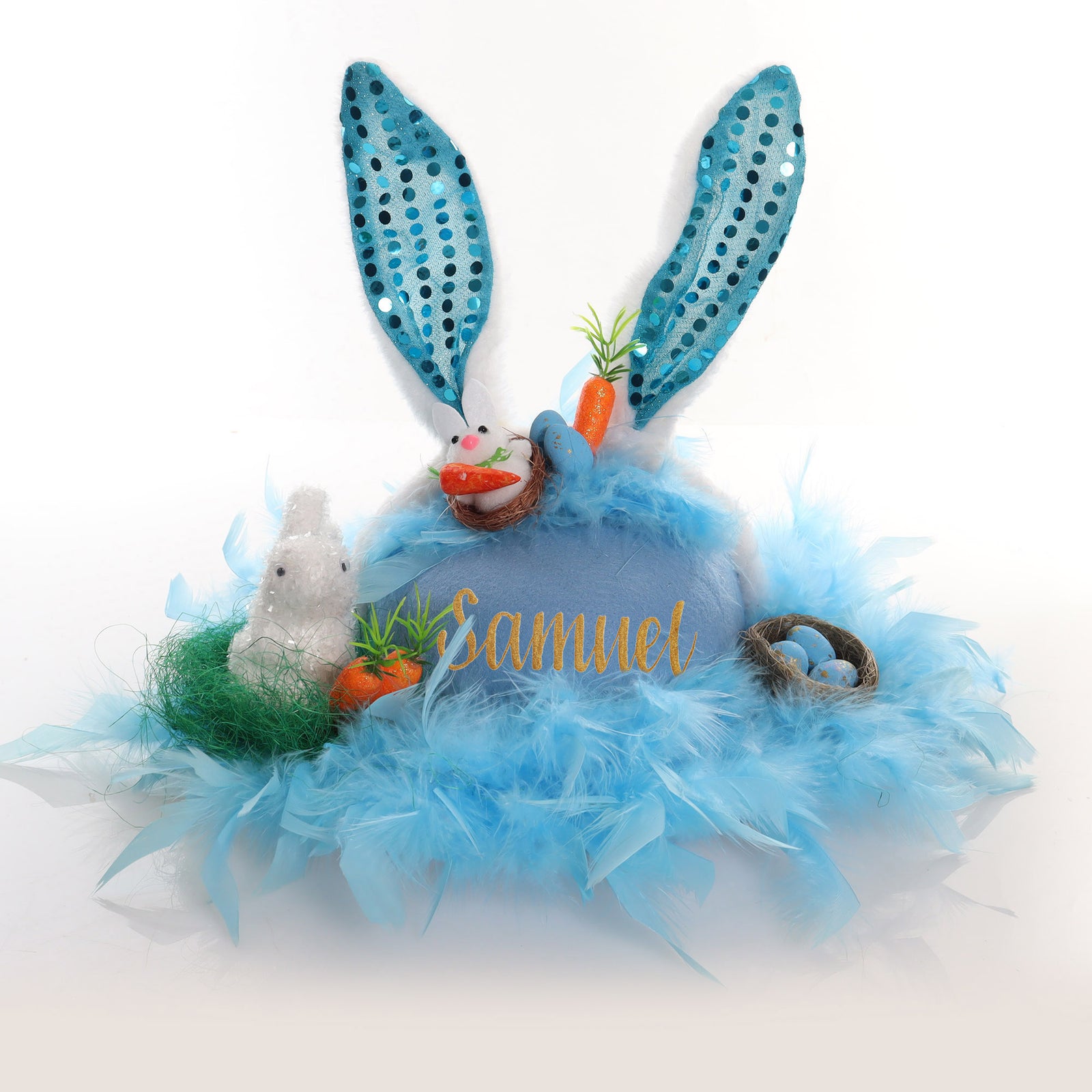 Personalised Blue Feather and Bunny Easter Hat
