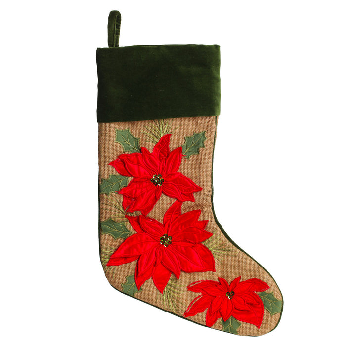 Personalised Burlap Poinsettia Christmas Stocking - No wiriting