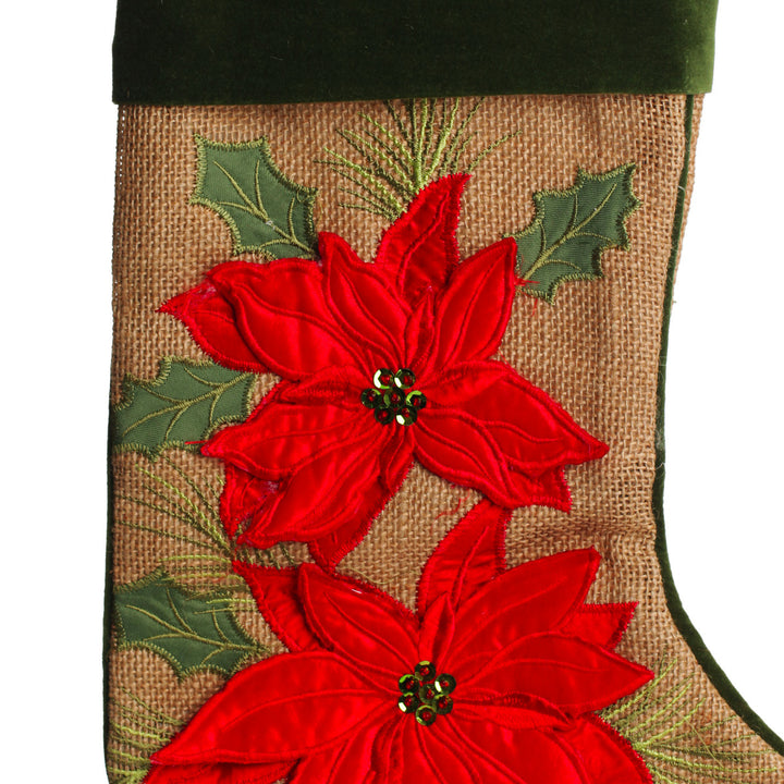 Personalised Burlap Poinsettia Christmas Stocking - Zoom in