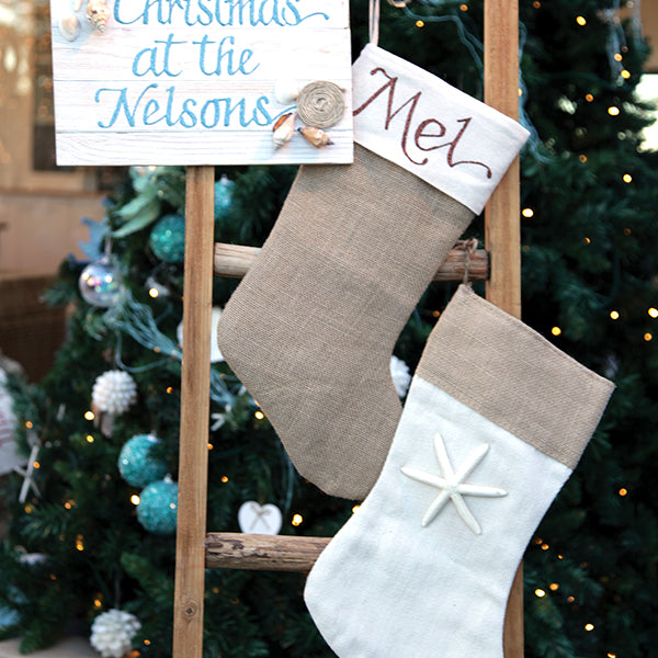 Personalised Burlap Starfish Christmas Stocking in Christmas By The Sea