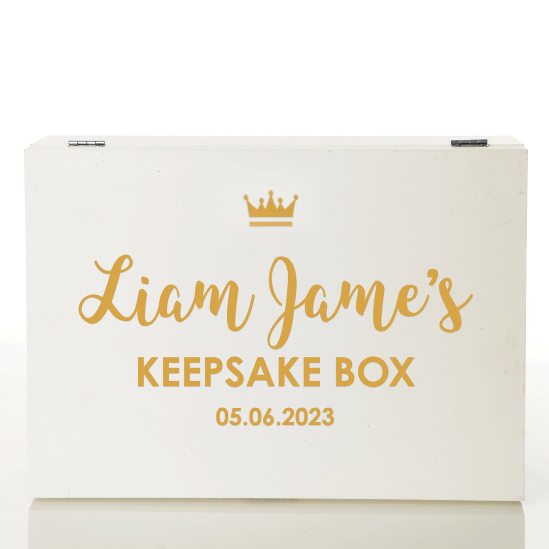 Personalised Gold Crown White Wood Keepsake Box