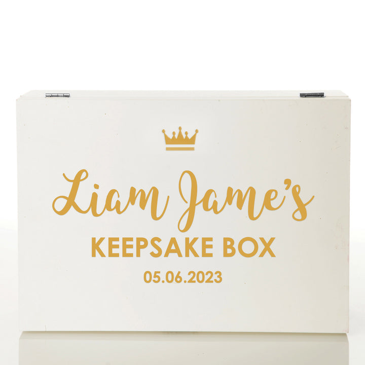 Personalised Gold Crown White Wood Keepsake Box