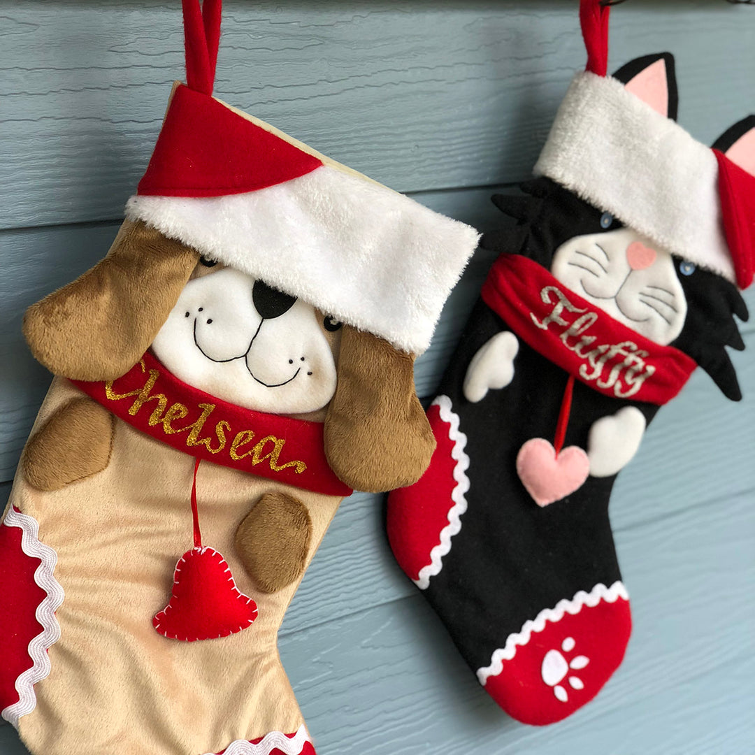 Personalised Fun Dog Christmas Stocking Zoom in with backround