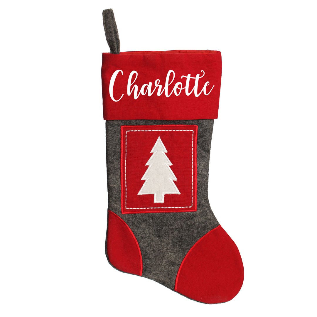 Personalised Grey &amp; Red Tree Felt Christmas Stocking