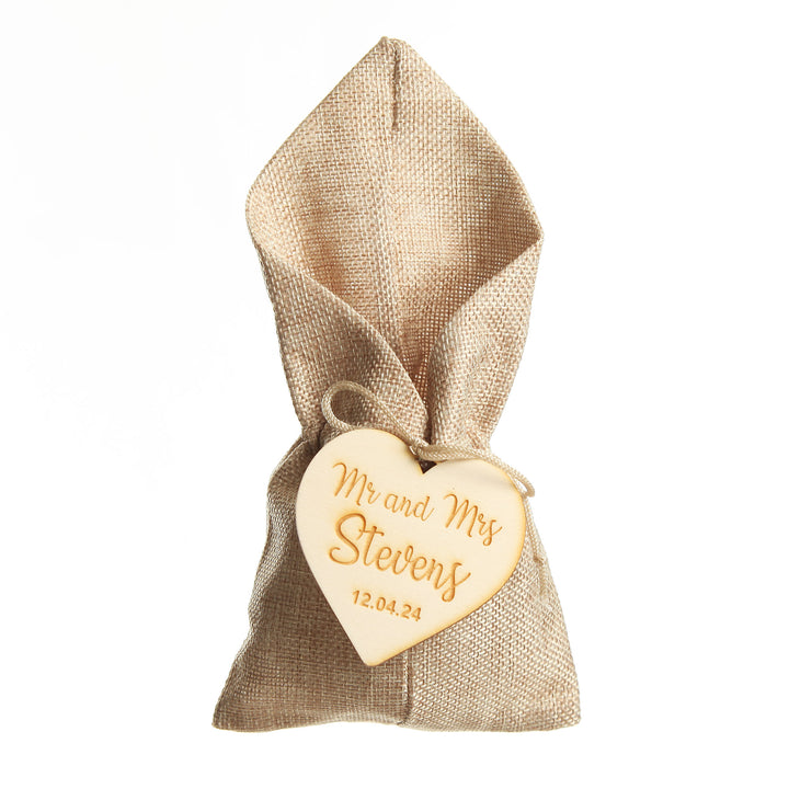Personalised Natural Jute Envelope Wedding Favour Bomboniere With Wooden Tag