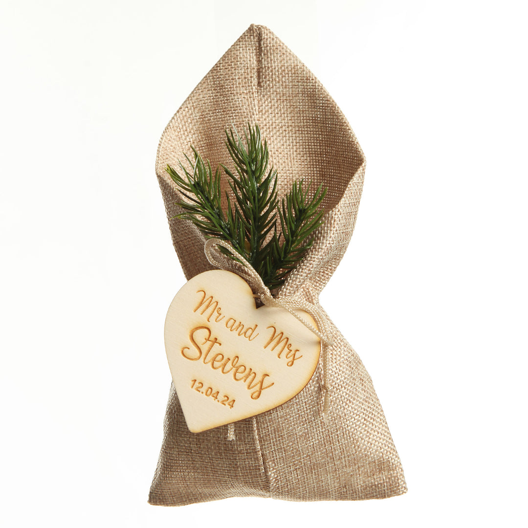 Personalised Natural Jute Envelope Wedding Favour Bomboniere With Wooden Tag