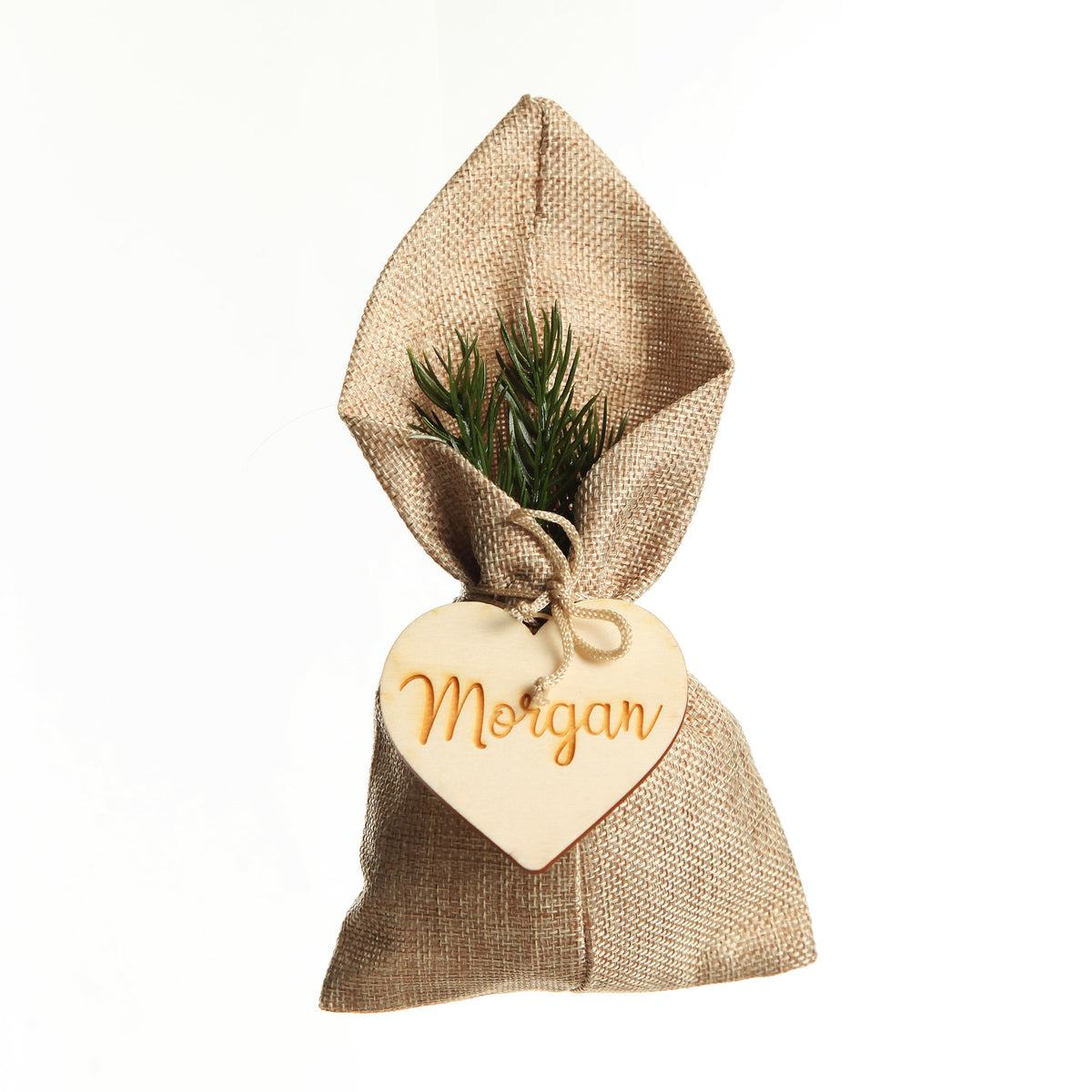Personalised Natural Jute Envelope Wedding Favour Bomboniere With Wooden Tag