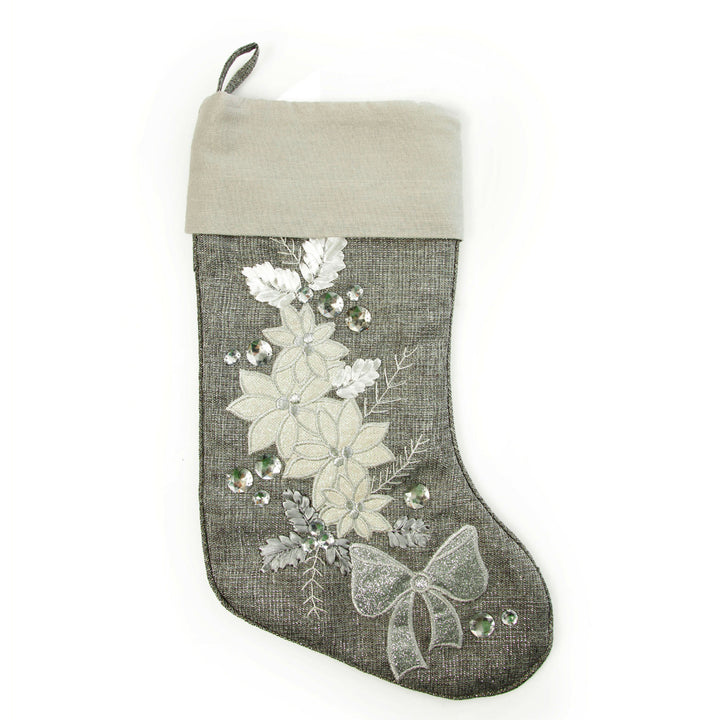 Personalised Silver Poinsettia Christmas Stocking No writing