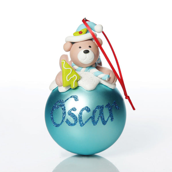 Personalised Blue Teddy Christms Character Bauble